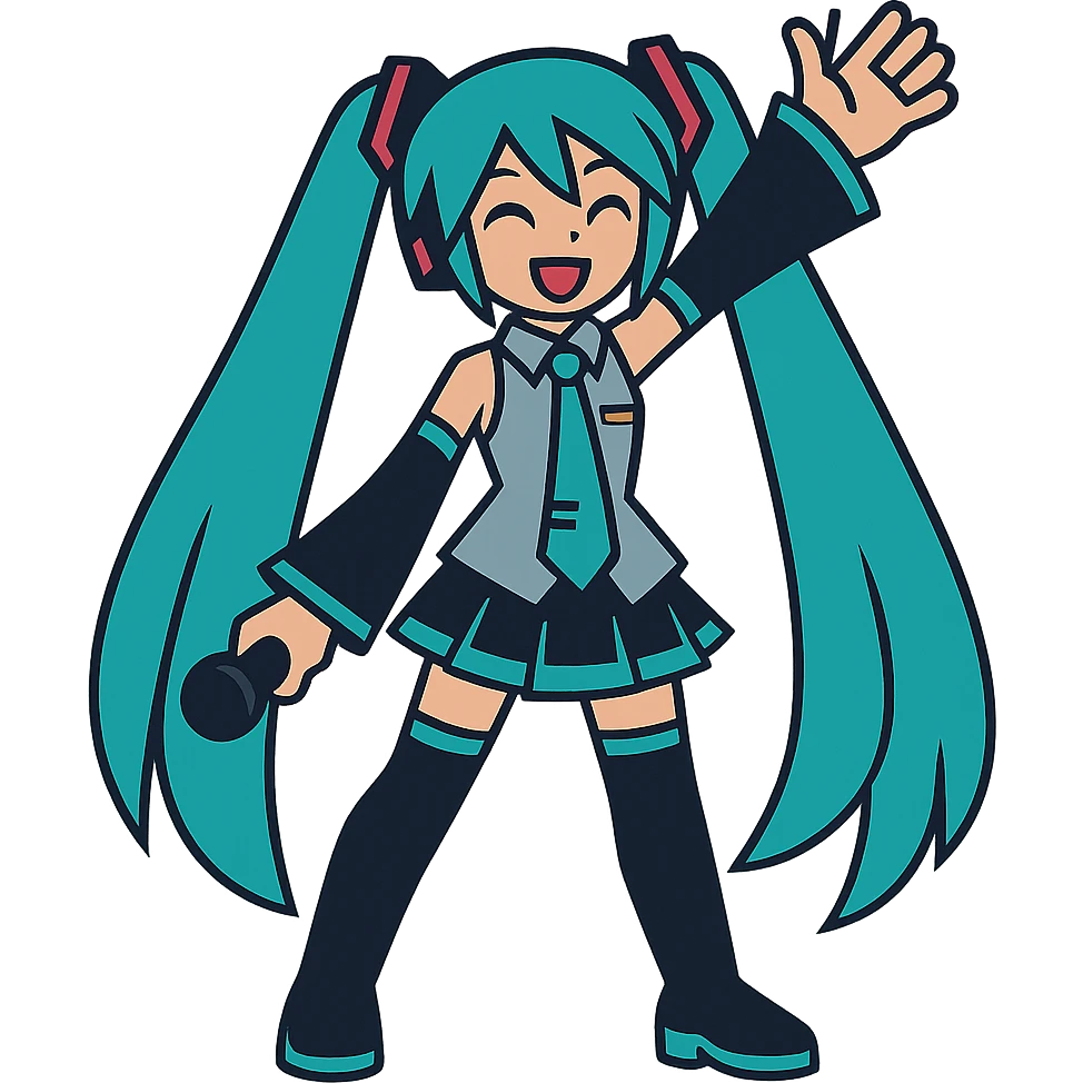 Hatsune Miku, teal twin tails, futuristic pop idol, vibrant, full body emoji