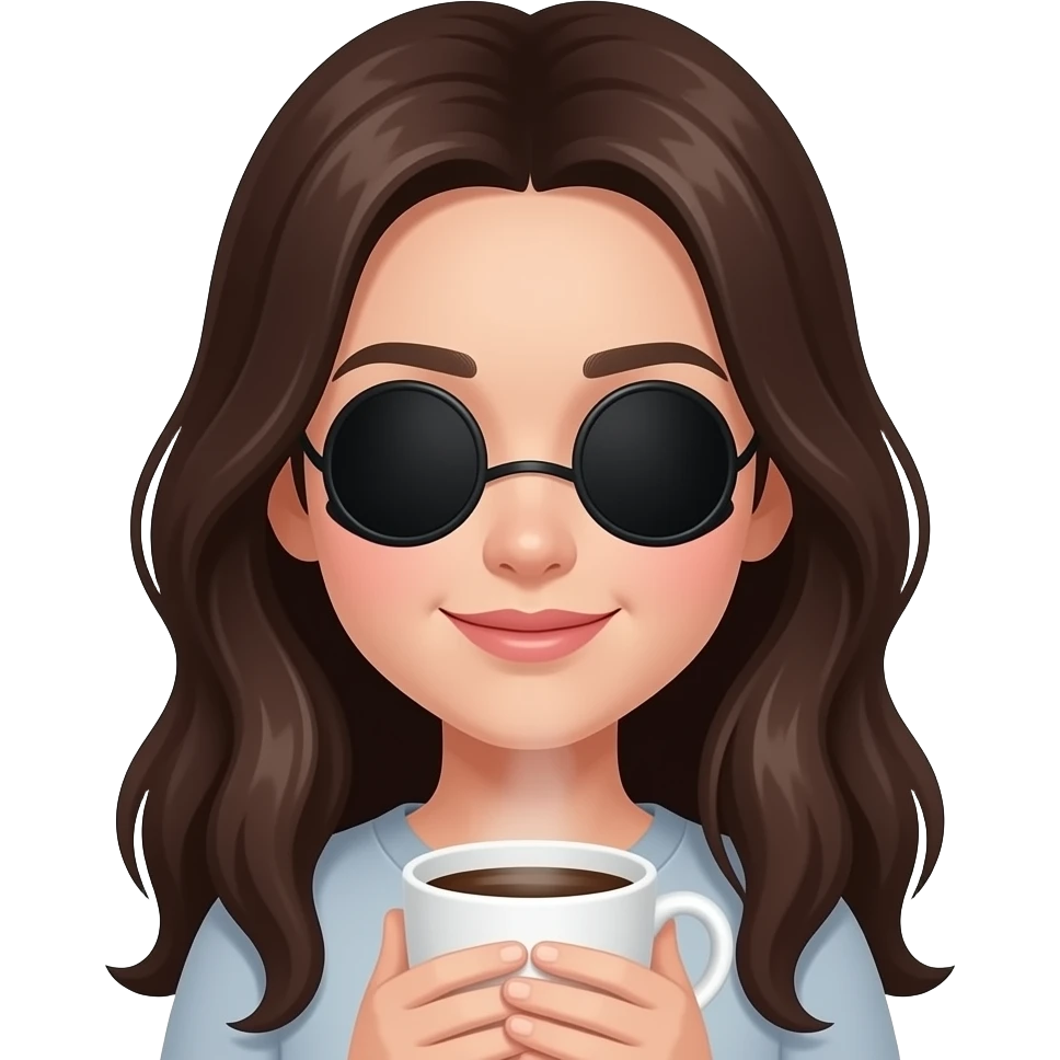 chica de piel blanca, morena de pelo, con el pelo suelto pero que se le vea bien la cara  y que tenga unos parches de contorno GRANDES de ojos que se colocan bajo los ojos, sobre las ojeras negros puestos en la cara y que esté sujetando una taza de cafe emoji