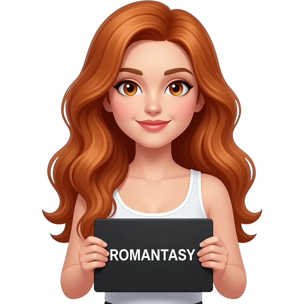 sexy girl with long wavy ginger hair and ginger eyes wearing a white tanktop is holding a black colored sign with ROMANTASY written on it emoji