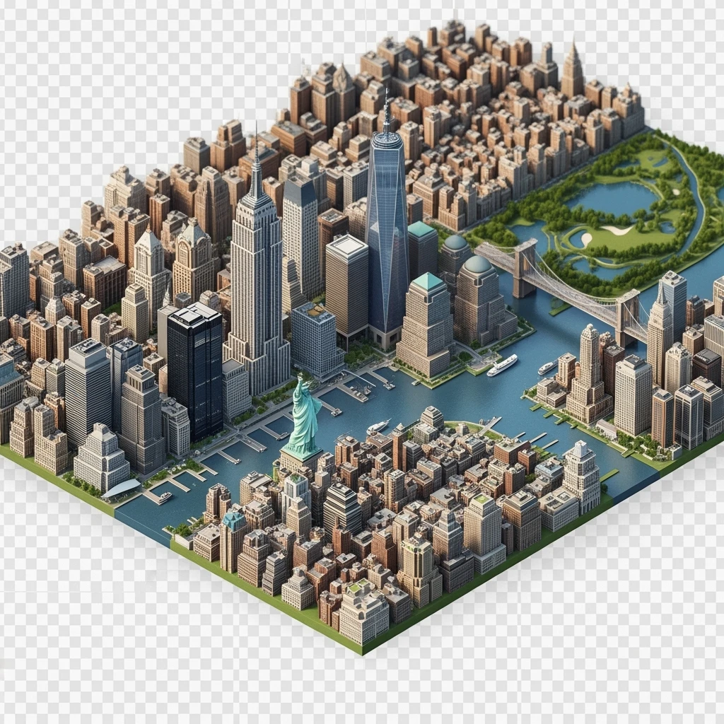 Isometric miniature of New York Сity Empire State Building, One World Trade Center, Statue of Liberty, Brooklyn Bridge, and Central Park chaotic low-rise blocks in outer boroughs 3D miniature effect and Tilt Shift effect, no cartoonish look, transparent background. emoji
