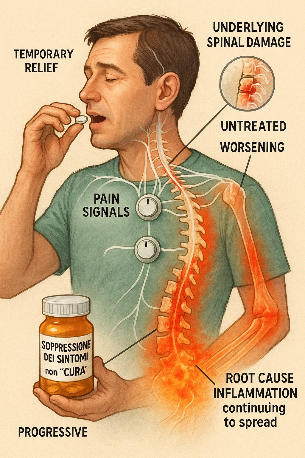 Man taking pain medication for chronic back pain, pills shown as dimmer switches turning down pain signals in transparent nervous system overlay, underlying spinal damage remaining completely untreated and worsening, expression of temporary relief masking progressive deterioration, medication bottle labeled 'symptom suppression' not 'cure', root cause inflammation continuing to spread in italiano emoji