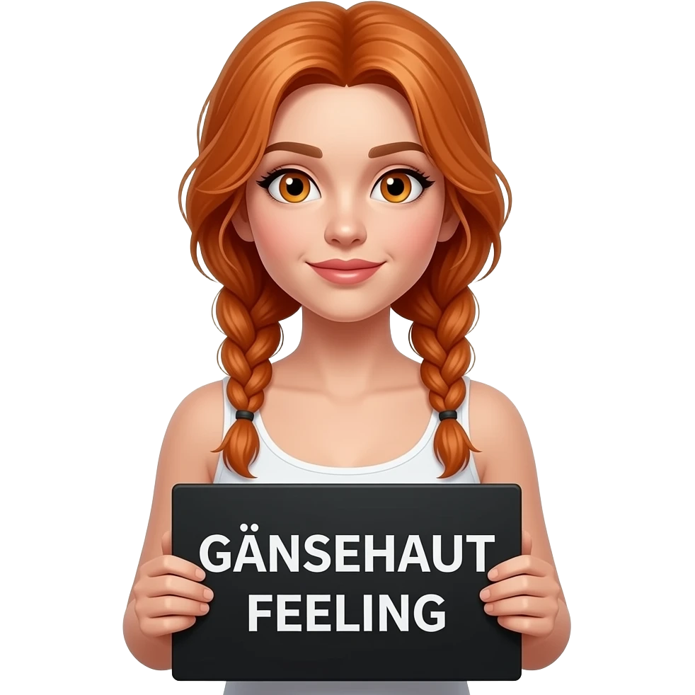 sexy girl with long ginger braids and ginger eyes wearing a white tanktop is holding a black sign with GÄNSEHAUT FEELING written on it emoji