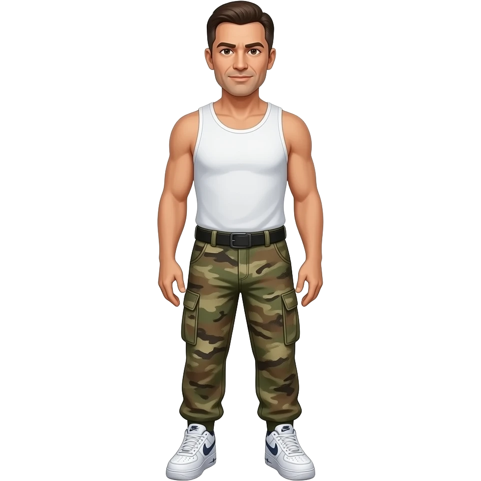 create an emoji of this man, older white man with brown eyes short hair wearing cargo army print pants nike air force shoes and white tank top emoji