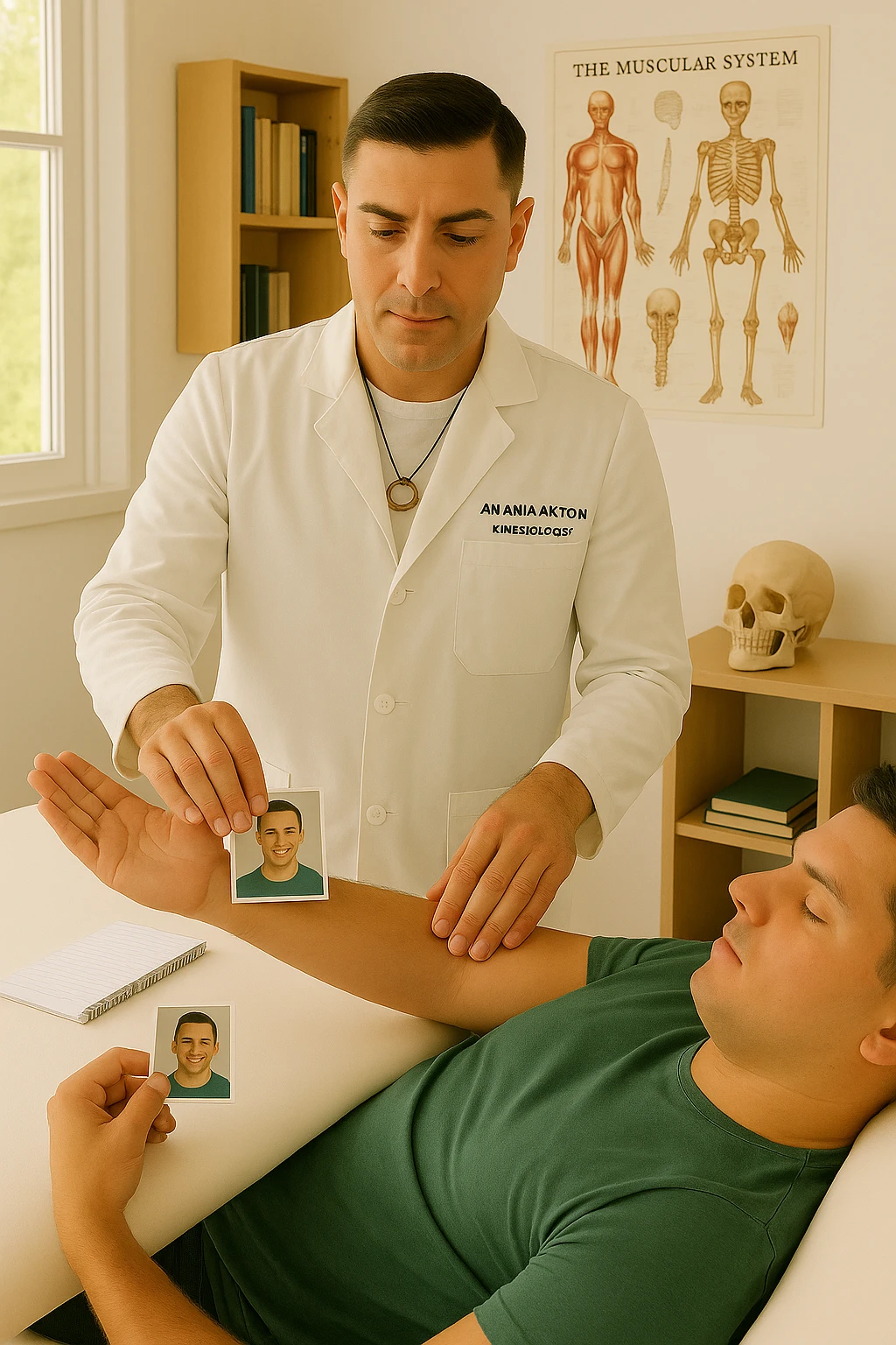 a middle-aged man, dressed in casual professional attire, is in a bright, organized therapy studio. Durante una visita di kinesiologia, il ragazzo tiene con una mano la foto di una persona lontana (il “testimone”) tiene la foto in mano, mentre con l’altra mano esegue un test muscolare su un cliente presente senza foto lui non tiene la foto. Sullo sfondo si vedono libri di kinesiologia, poster anatomici e strumenti tipici della disciplina. L’atmosfera è concentrata e serena, con luce naturale che entra dalla finestra, sottolineando l’aspetto alternativo e umano della pratica. emoji