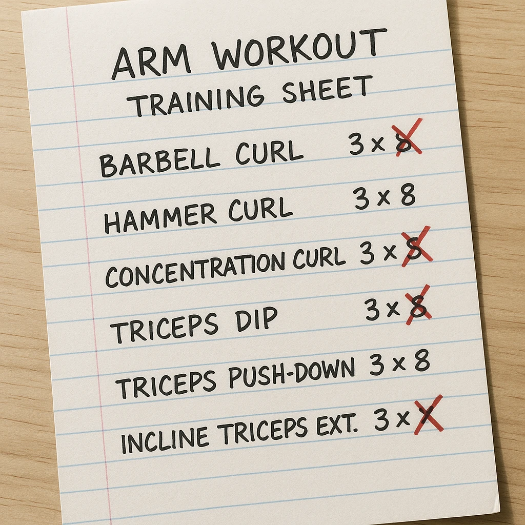 Top view of a handwritten arm workout training sheet with exercises and red X marks on some, hyperrealistic photography style, 4K quality, natural lighting. emoji