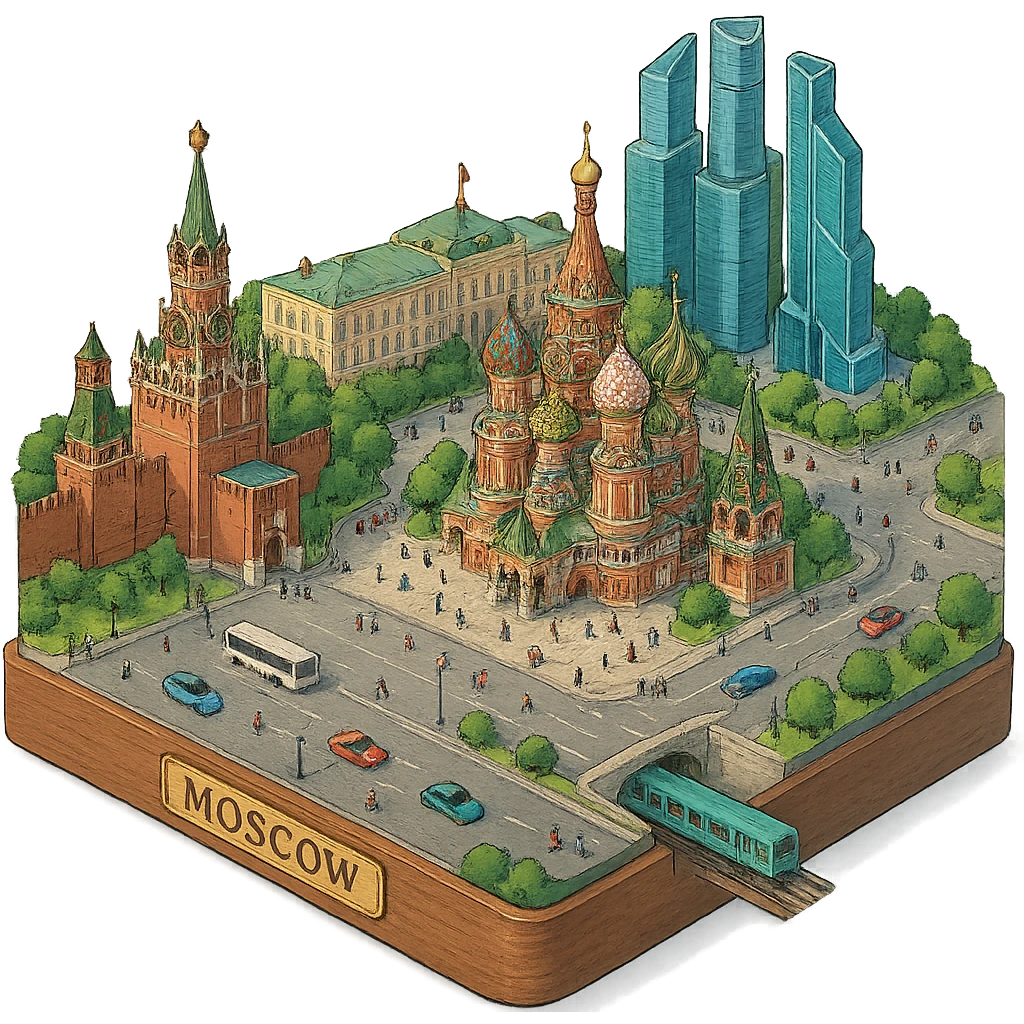 Изометричная миниатюрная 3D модель Москвы на подставке - фотореалистичный Кремль, собор Василия Блаженного, фотореалистичный Башни Москва-Сити, аккуратная детализация, четкие линии, яркие цвета, мультяшный реализм, гуляют люди и современный автотранспорт и метро, компактная композиция, вид сверху в изометрии, прозрачный фон emoji