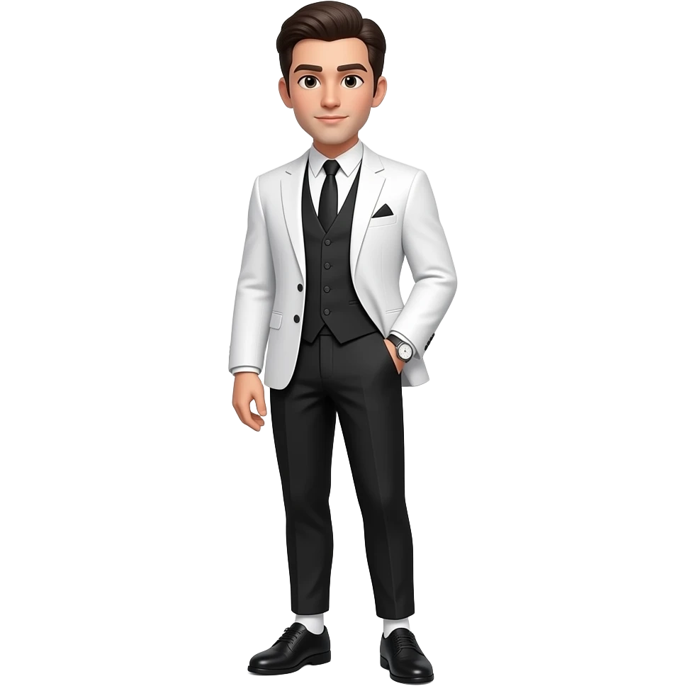 A young man wearing wearing a white suit and a black vest, and a black pants and white socks, she is so hansome, and he is talking a picture, she's wearing a nice watch. her name is van carl. emoji