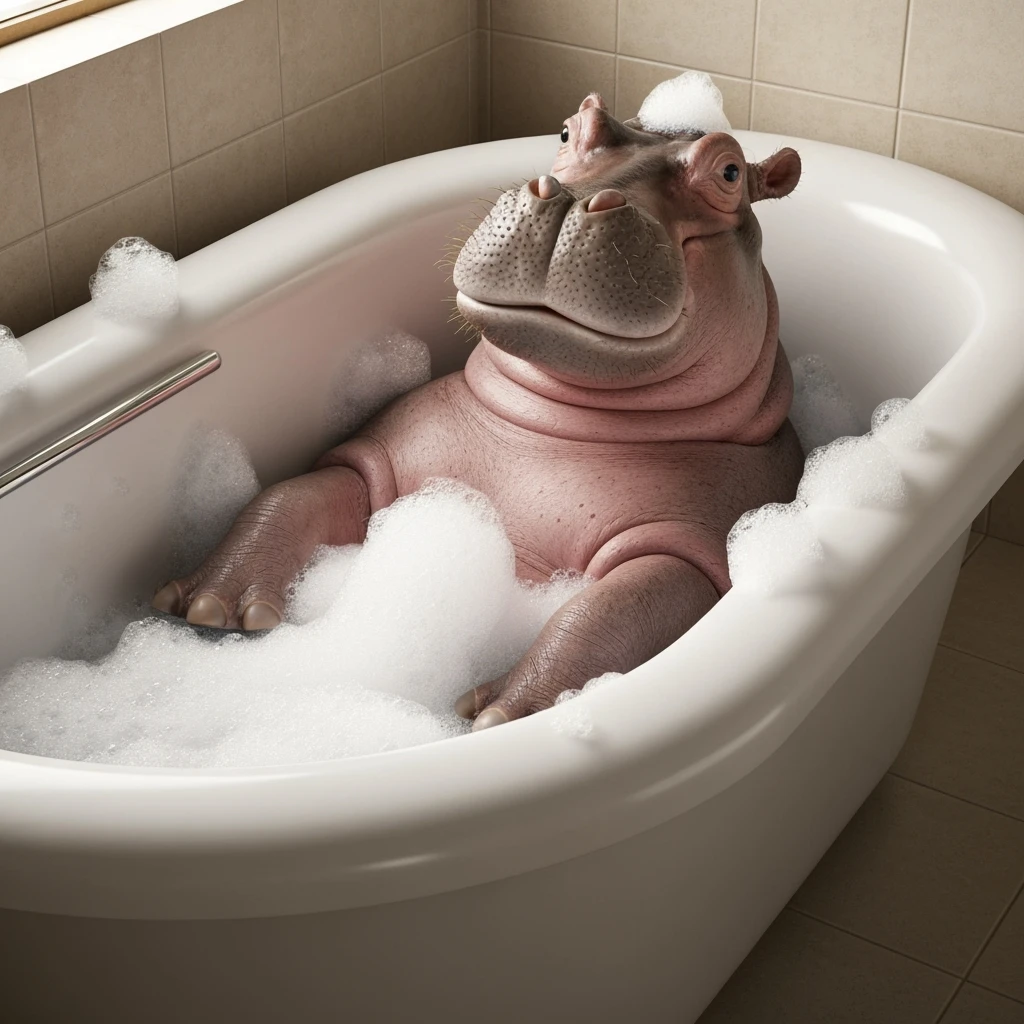happy hippo with bubbles in bathtub emoji