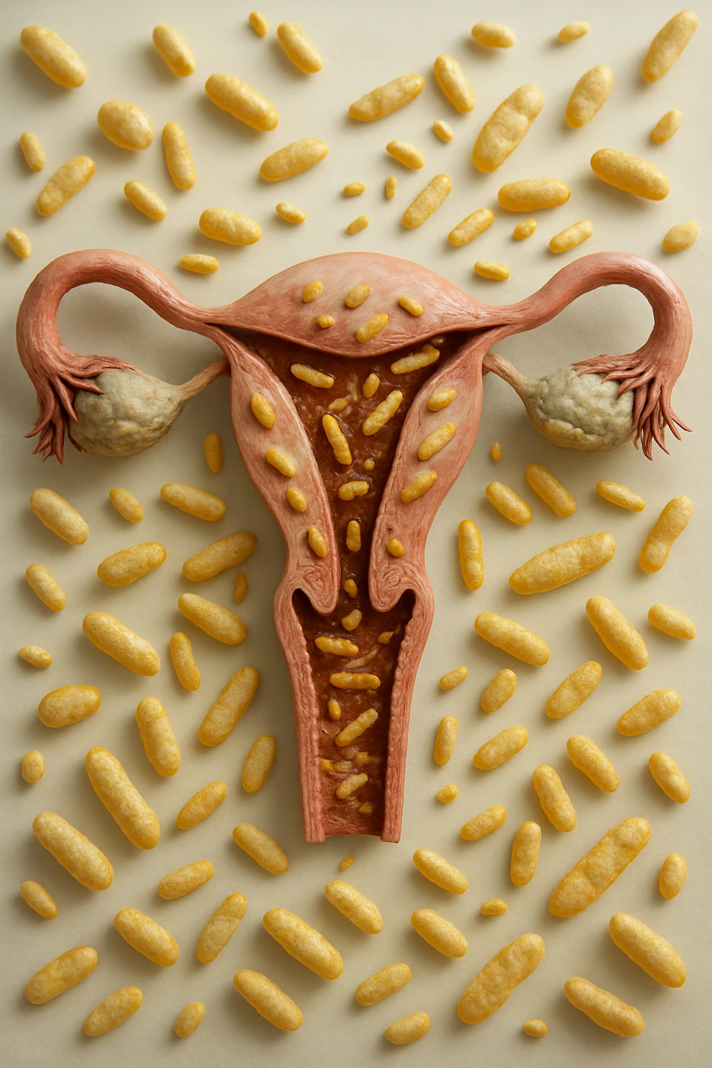 utero umano realistico con batteri della candida intorno, la foto si deve vedere per intero in formato verticale, sullo sfondo neutro chiaro ci sono batteri della candida, iperrealistico 4k emoji