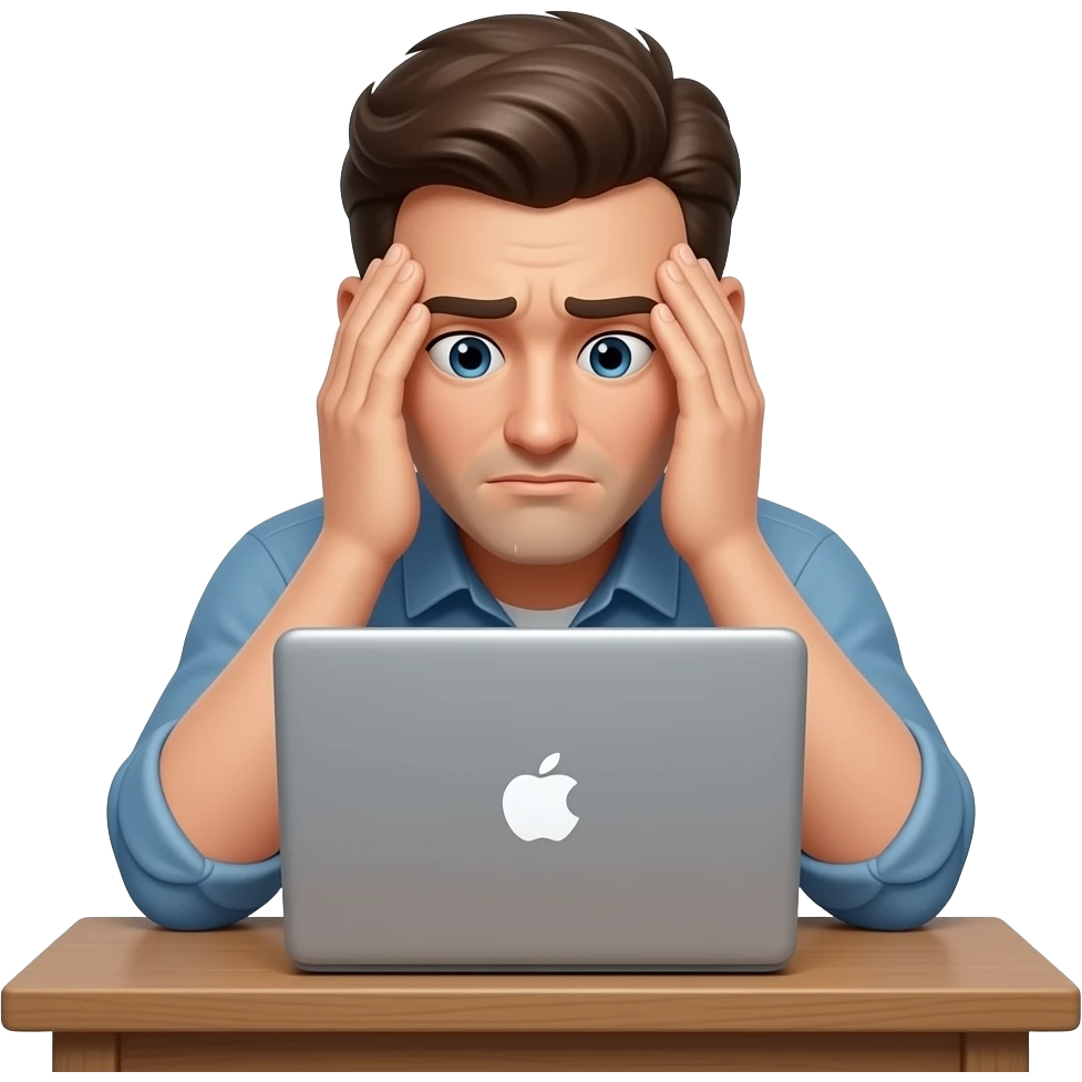 Covek sedi za stolom ispred laptopa, iscrpljen sa rukama na glavi emoji