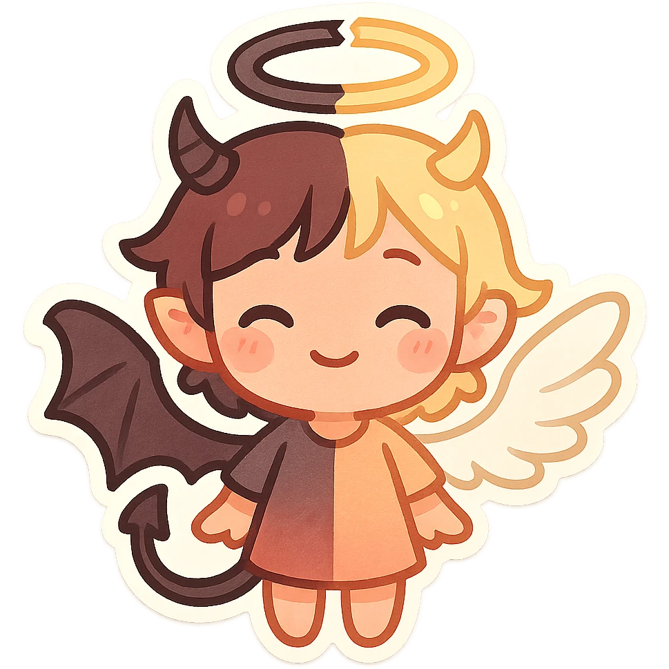 A cute chibi version of a half demon, half angel character, with contrasting wings and a split halo and horn, adorable and colorful emoji