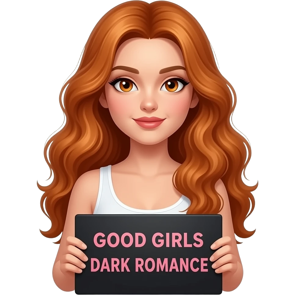 sexy girl with long wavy ginger hair and ginger eyes wearing a white tanktop is holding a black colored sign with GOOD GIRLS read DARK ROMANCE written on it emoji