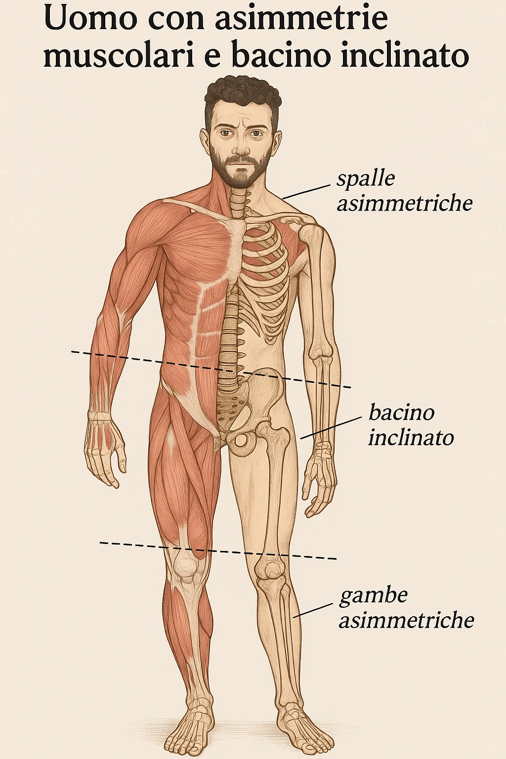 Uomo con problemi di asimmetrie e bacino inclinato, visione anatomica in italiano emoji