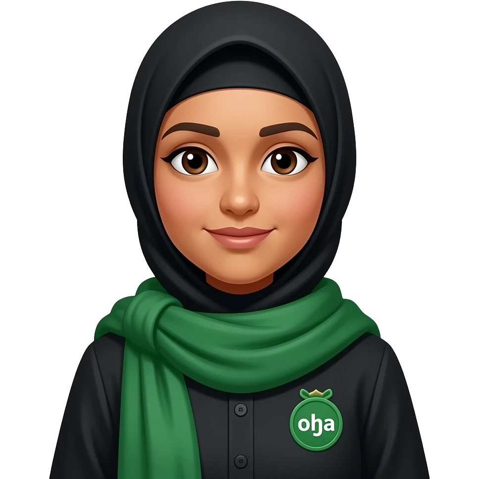 make someone whose name u think might be Alifna, make her wear a green scarf, black hijab,, skin normal indian skin, make her wear a green colour badge emoji