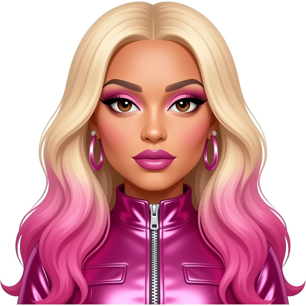 Nicki Minaj with dark brown eyes, long blonde hair with pink ombre, pink eyeshadow and lipstick, hot pink metallic hip-hop outfit, earrings emoji