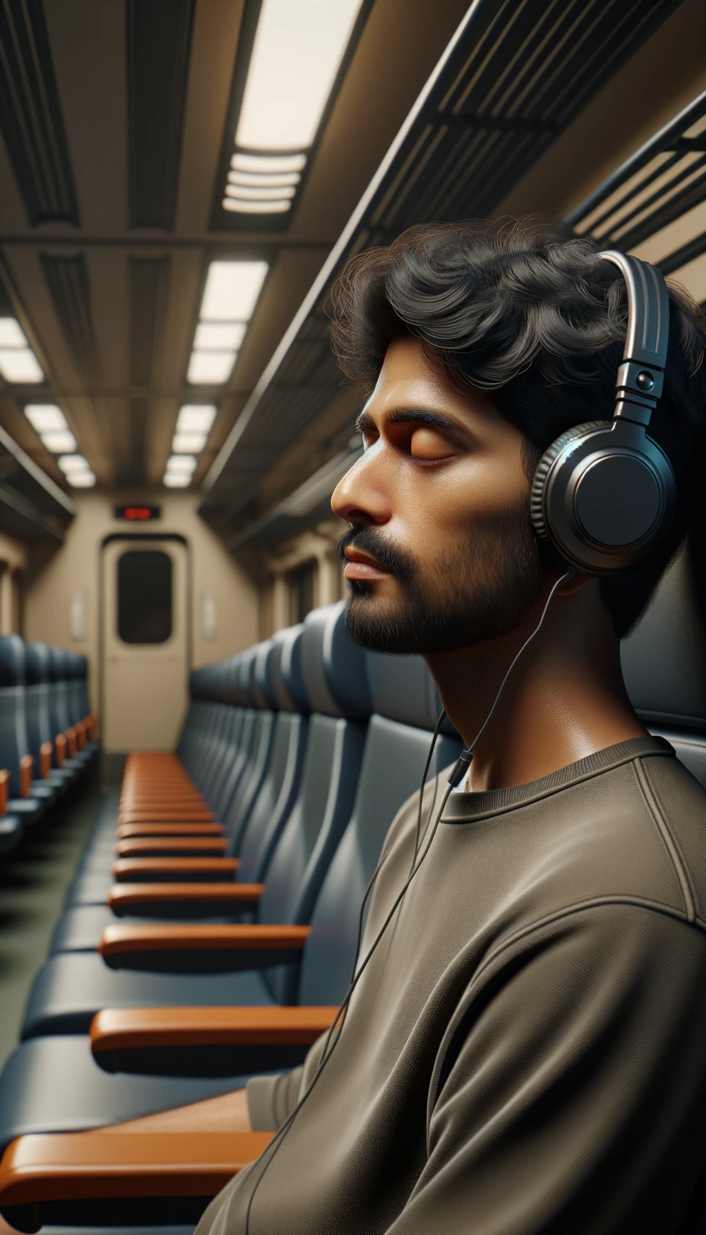UOMO che ASCOLTA MUSICA CON LE CUFFIETTE NELLE ORECCHIE E GLI OCCHI CHIUSI SEDUTO SUL SEDILE DI UN TRENO, sullo sfondo L'INTERNO DELLA CABINA DI UN TRENO con toni chiari neutri, iperrealistico 4k emoji