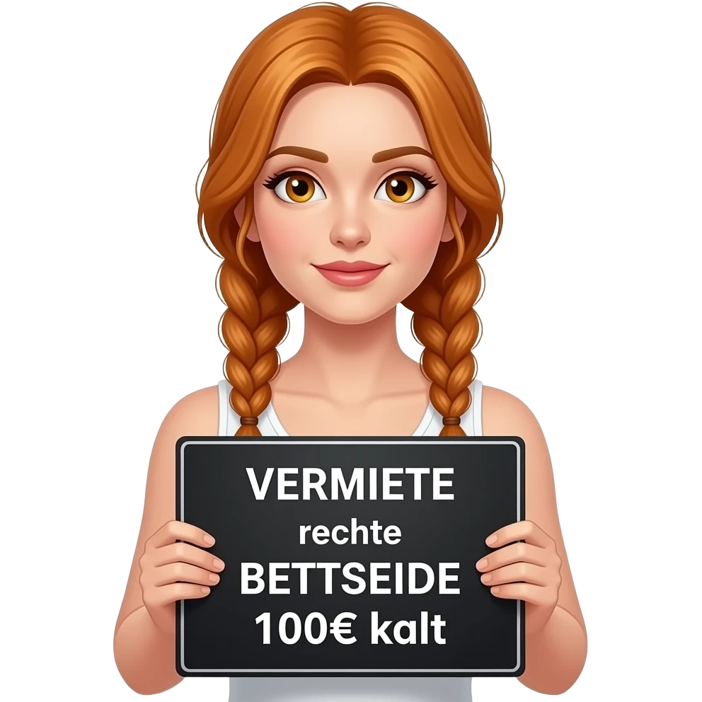 sexy girl with long ginger braids and ginger eyes wearing a white tanktop is holding a black sign with VERMIETE rechte BETTSEITE 100€ kalt written on it emoji