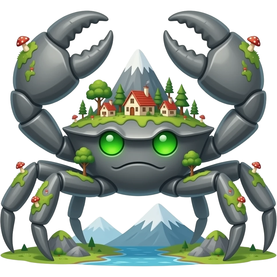 A Gray crab with houses on top of its shell in trees on it and also with mushrooms on it with glowing green eyes facing forward Giant by mountain emoji