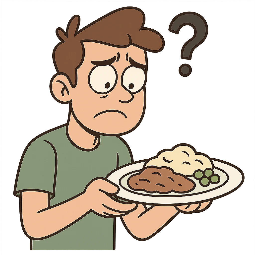 cartoon person with a food plate, looking at it with doubt, question mark above head emoji