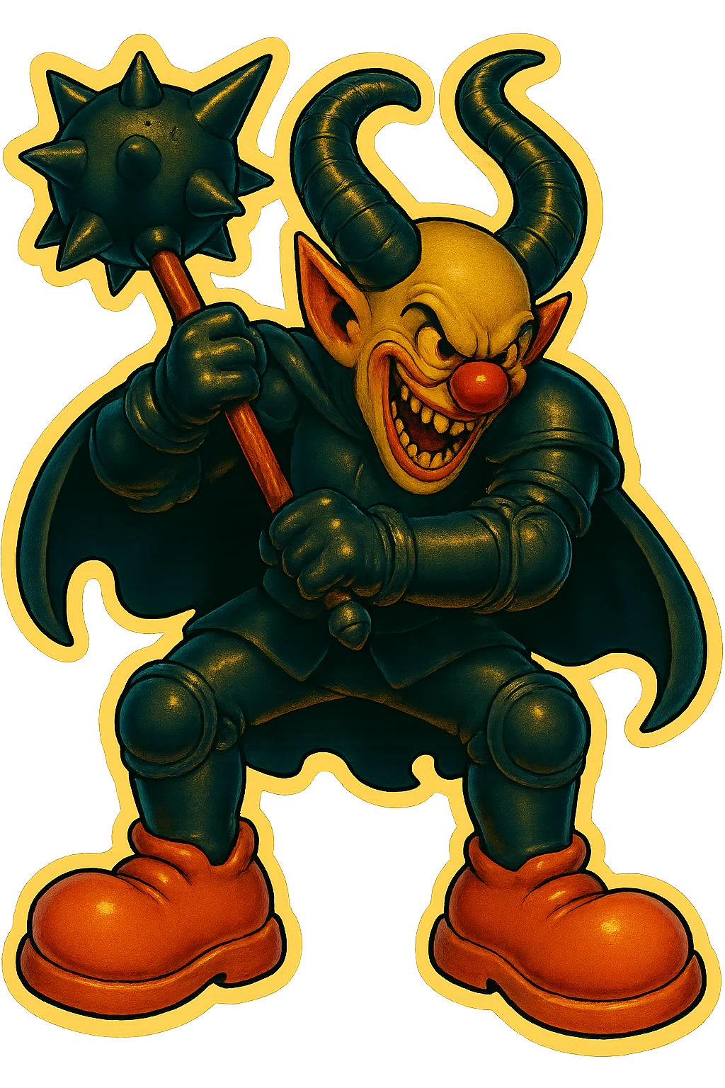A menacing armored clown with ram horns, holding a mace with an oversized spiked head, wearing a short cape and glossy black on matte black armor, but with exaggerated, oversized clown shoes, full body, vibrant retro stickers style, transparent background. emoji