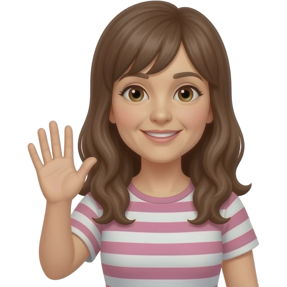 frau um die 50 mit langen braunen haaren und pony, braune augen  augen bissel kleiner, grüßend emoji