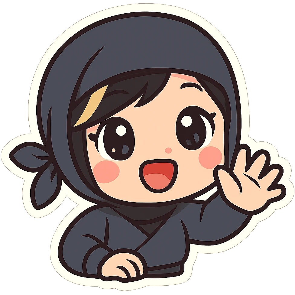 Super cute kawaii chibi style ninja girl with big sparkling eyes, round face, soft colors, playful charm, black short hair with a blonde streak, only head and arms visible, bold outlines, no mask, hand fully raised waving forward toward viewer, smiling, sized for Twitch emoji use. emoji