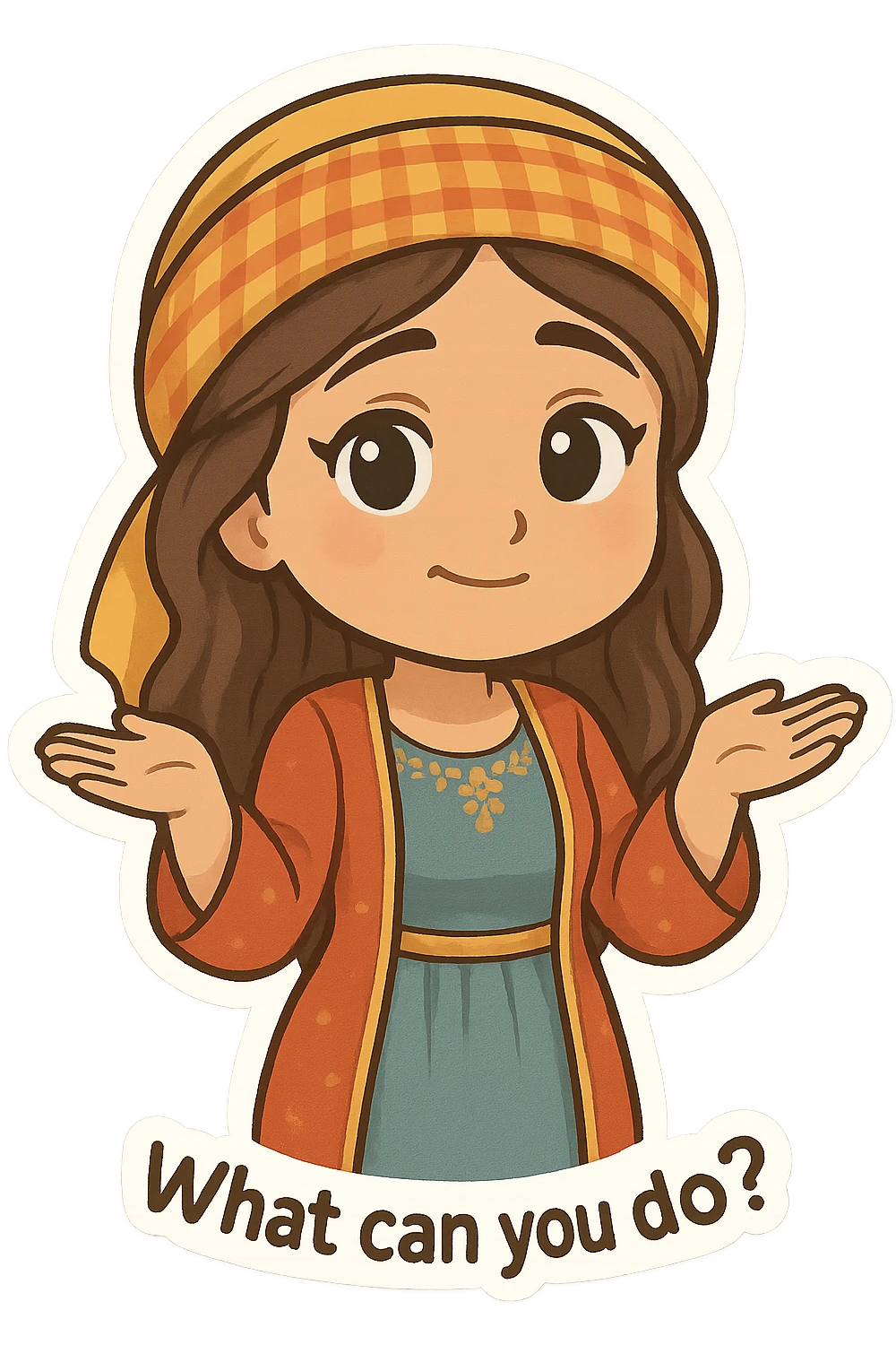 Kurdish woman in a new dress, shrugging with a 'what can you do?' expression, no text emoji
