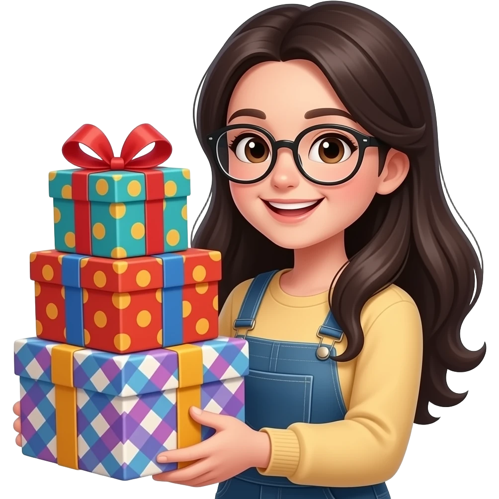black haired girl wearing glasses with gifts emoji