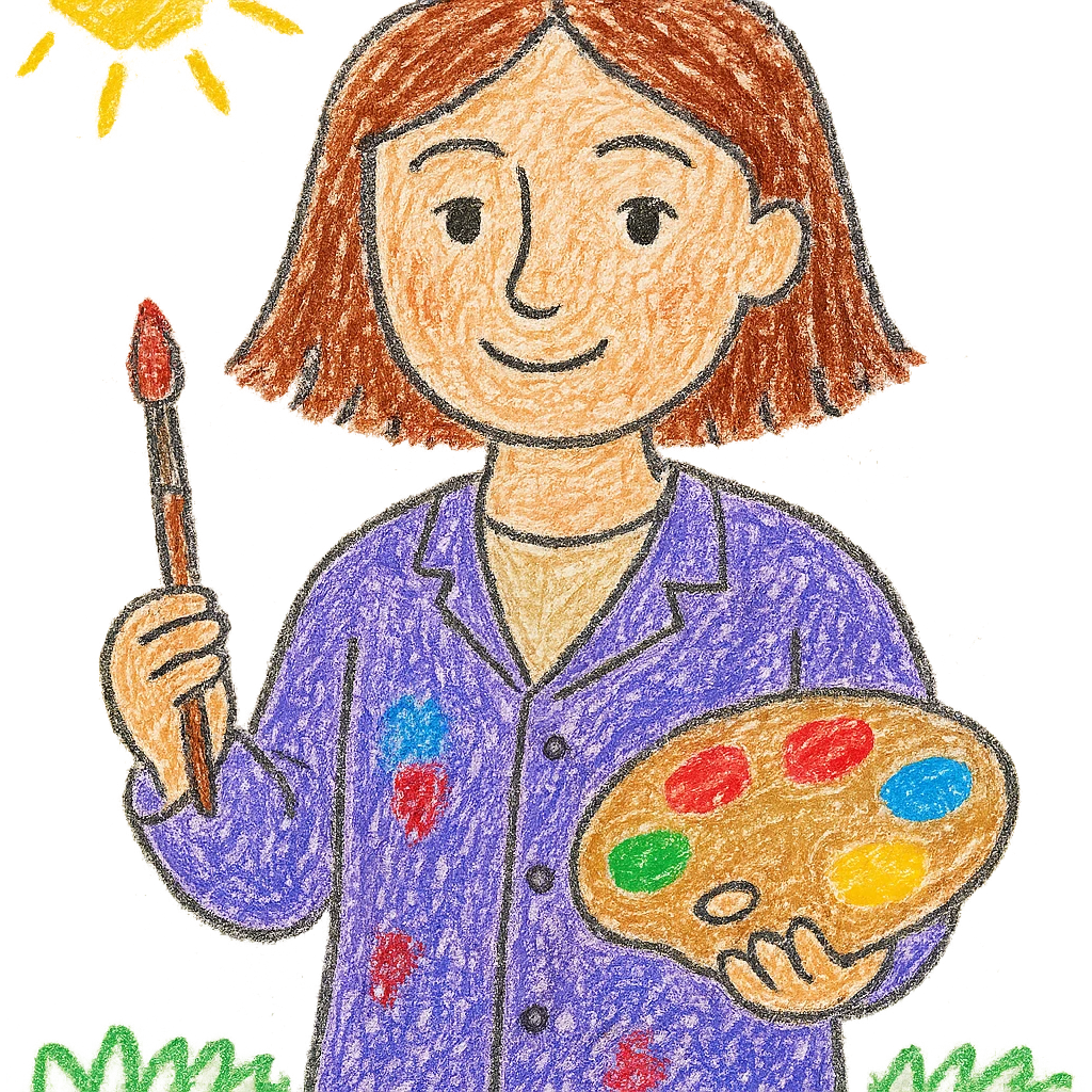 Serene female oil painter, Caucasian features, shoulder-length auburn hair, soft brown eyes, gentle smile, wearing a violet painter’s smock lightly stained with paint over a beige blouse, holding a wooden palette with vibrant colors in one hand and a brush in the other, waist-up, front-facing emoji