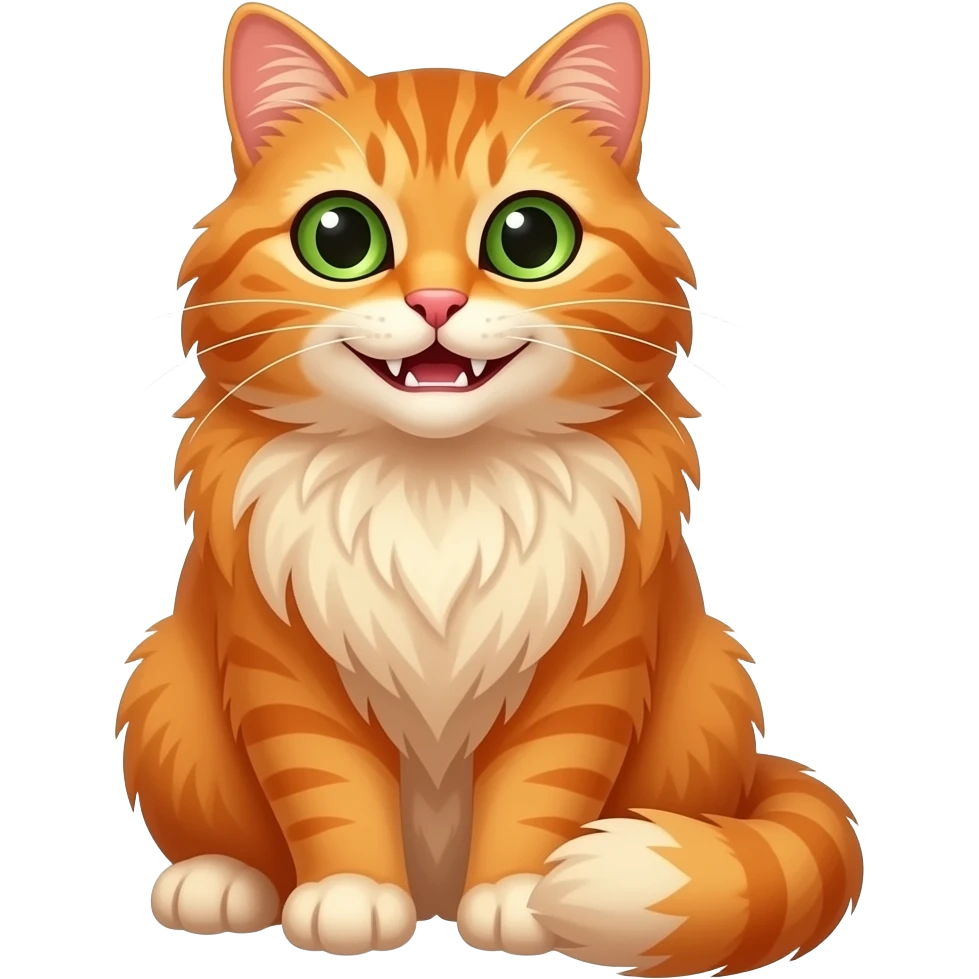 long haired orange cat with determined eyes, green eyes, long haired, smirk, teeth, full body, sitting emoji