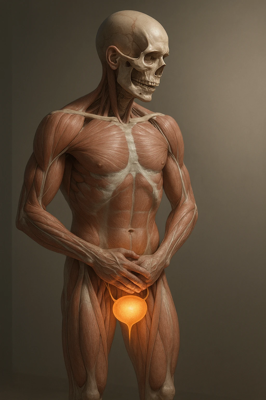 CORPO UMANO ANATOMICO CHE SI SVEGLIA LA NOTTE PER SVUOTARE LA VESCICA, VESCICA ANATOMICA IN EVIDENZA, IPERREALISTICO SFONDO CHIARO NEUTRO emoji