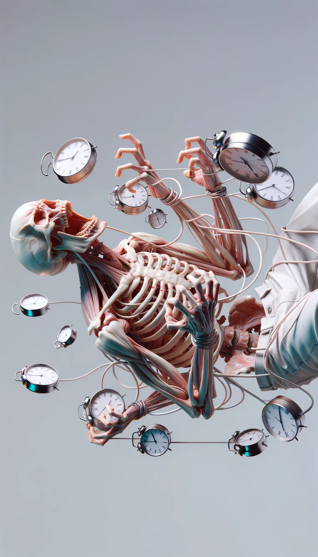corpo umano anatomico CHE TIENE OROLOGI NELLE MANI E STA IMPAZZENDO PERCHé NON RIESCE A SVOLGERE TUTTE LE SUE ATTIVITà QUOTIDIANE: NON HA TEMPO, SFONDO CHIARO, iperrealistico 4k emoji