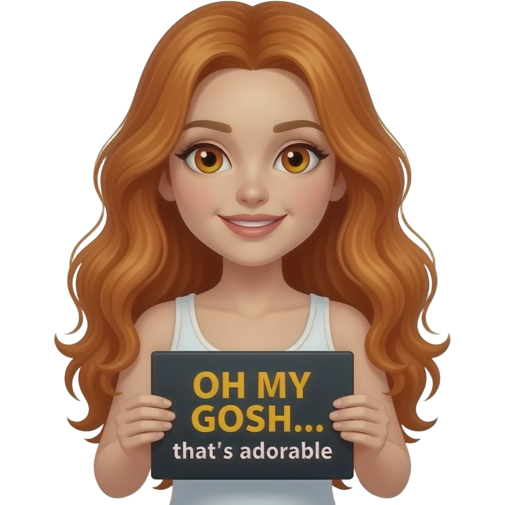 sexy girl with long wavy ginger hair and ginger eyes wearing a white tanktop is holding a black colored sign with OH MY GOSH... that's adorable written on it emoji