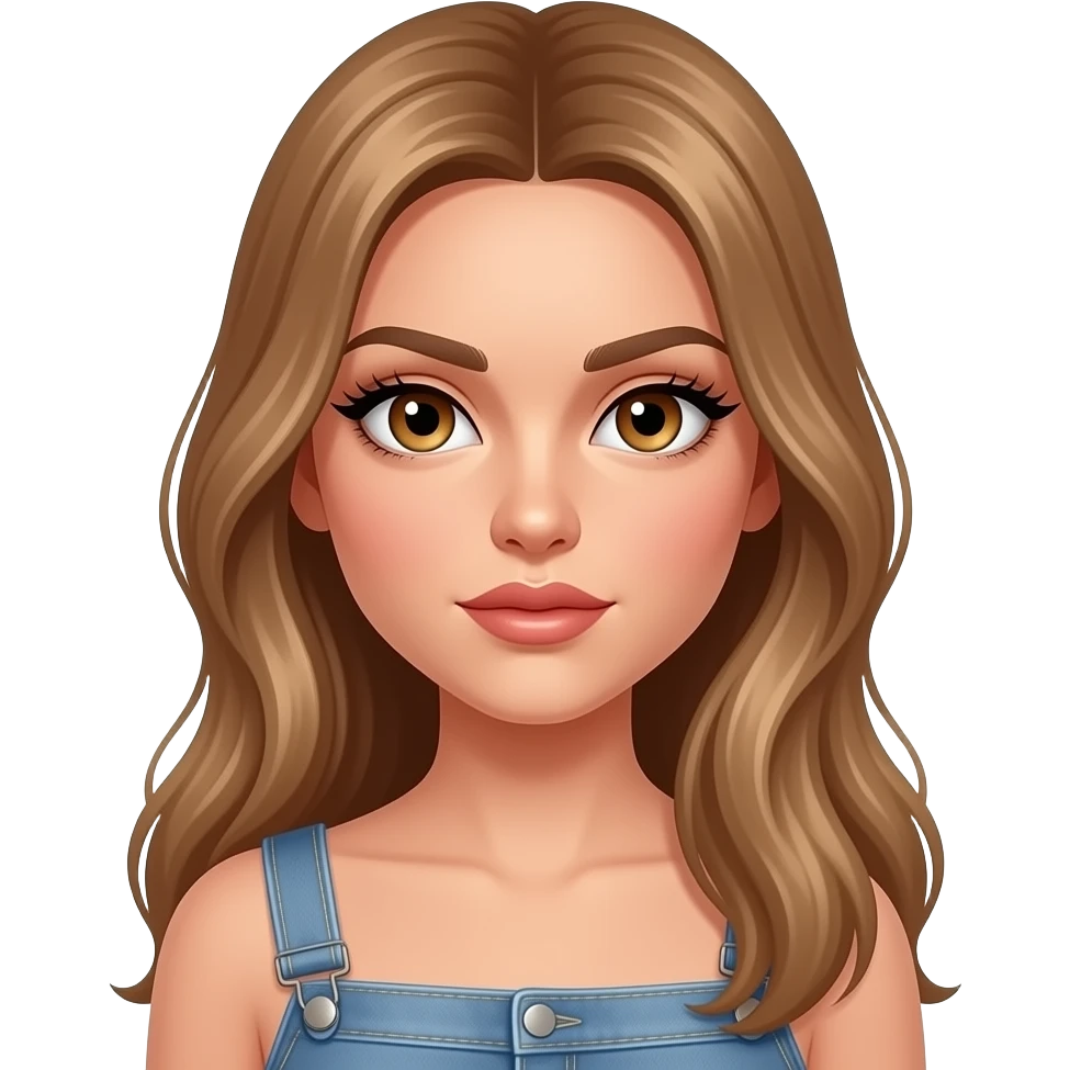 Woman with an oval face, light tan glowing skin, large almond-shaped hazel eyes with long lashes, light full arched eyebrows, straight slim nose, full lips, long light blondish brown smooth hair, symmetrical model-like face, elegant and slightly intense expression. Crop top and jeans emoji