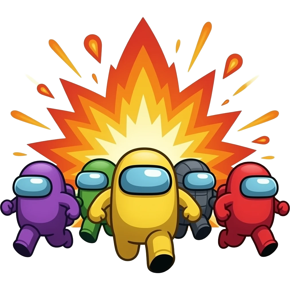 Among us com 100 jogadores correndo de uma explosão emoji