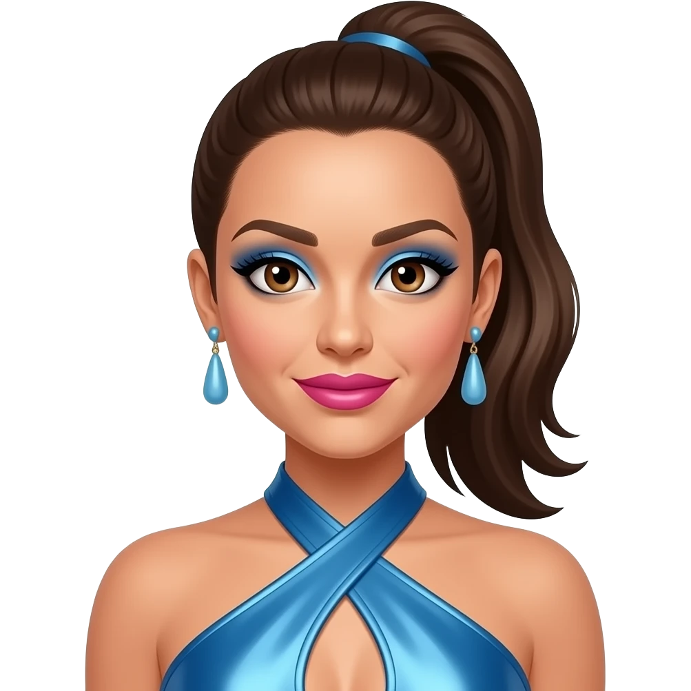 Melanie C from Spice Girls with hazel eyes, long dark brown high ponytail hair, blue eyeshadow, hot pink lipstick, blue metallic halter dress, light blue earrings emoji