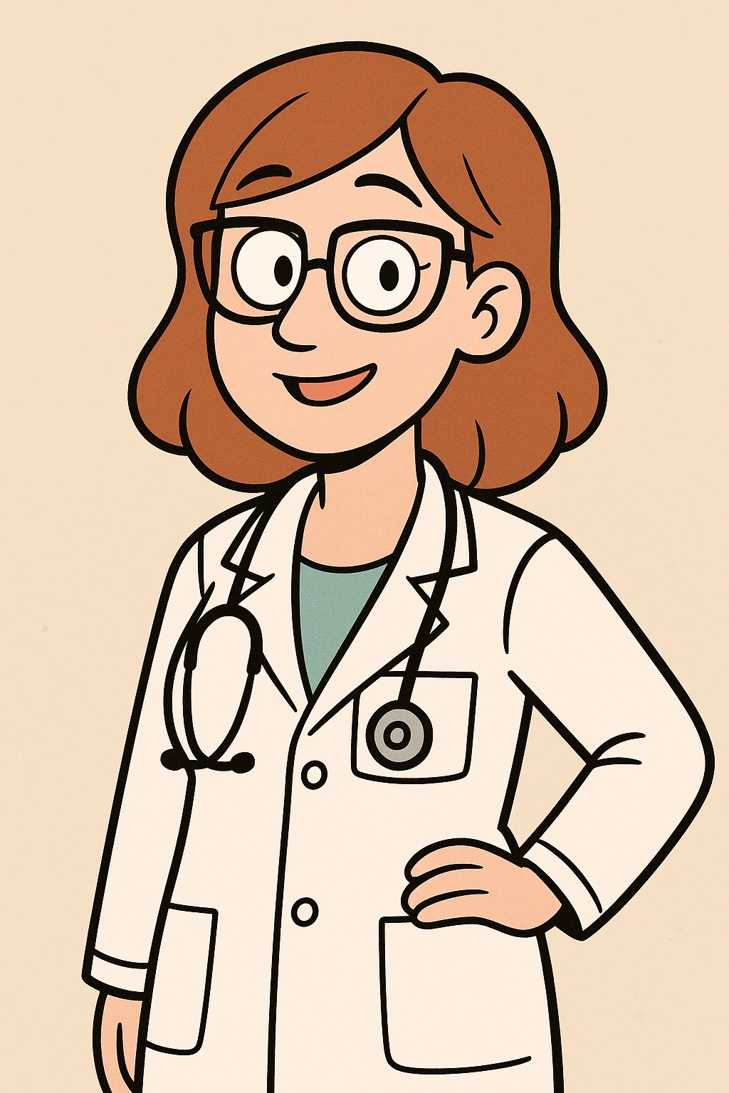 female doctor, modern cartoon style, white coat, stethoscope, friendly expression emoji