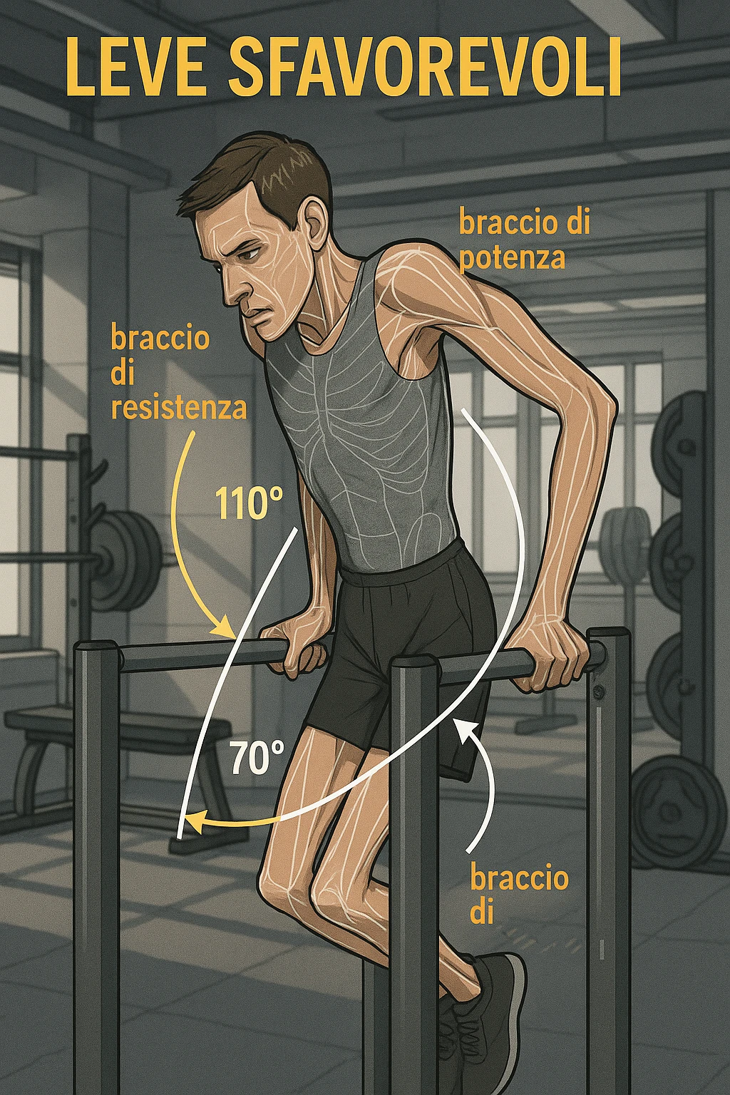 a tall, lean man with very long arms and a short torso attempts a dip on parallel bars. His elbows are deeply bent and his body appears awkwardly positioned, highlighting the mechanical disadvantage. An overlay shows anatomical lines and angles, with labels explaining “Leve Sfavorevoli” The background is a modern gym, with a focus on biomechanics. in italiano emoji