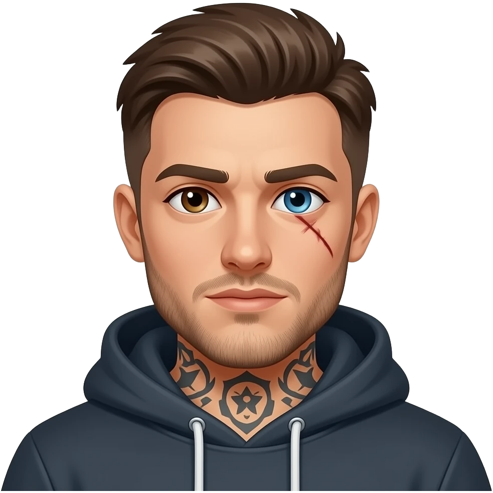 Guy, less beard, tattoos, hoodie, left eye dark brown, right eye light blue, scar across the right eye emoji