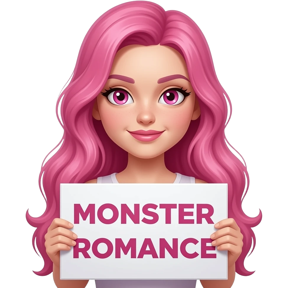 sexy girl with long pink hair and pink eyes holding a MONSTER ROMANCE sign emoji