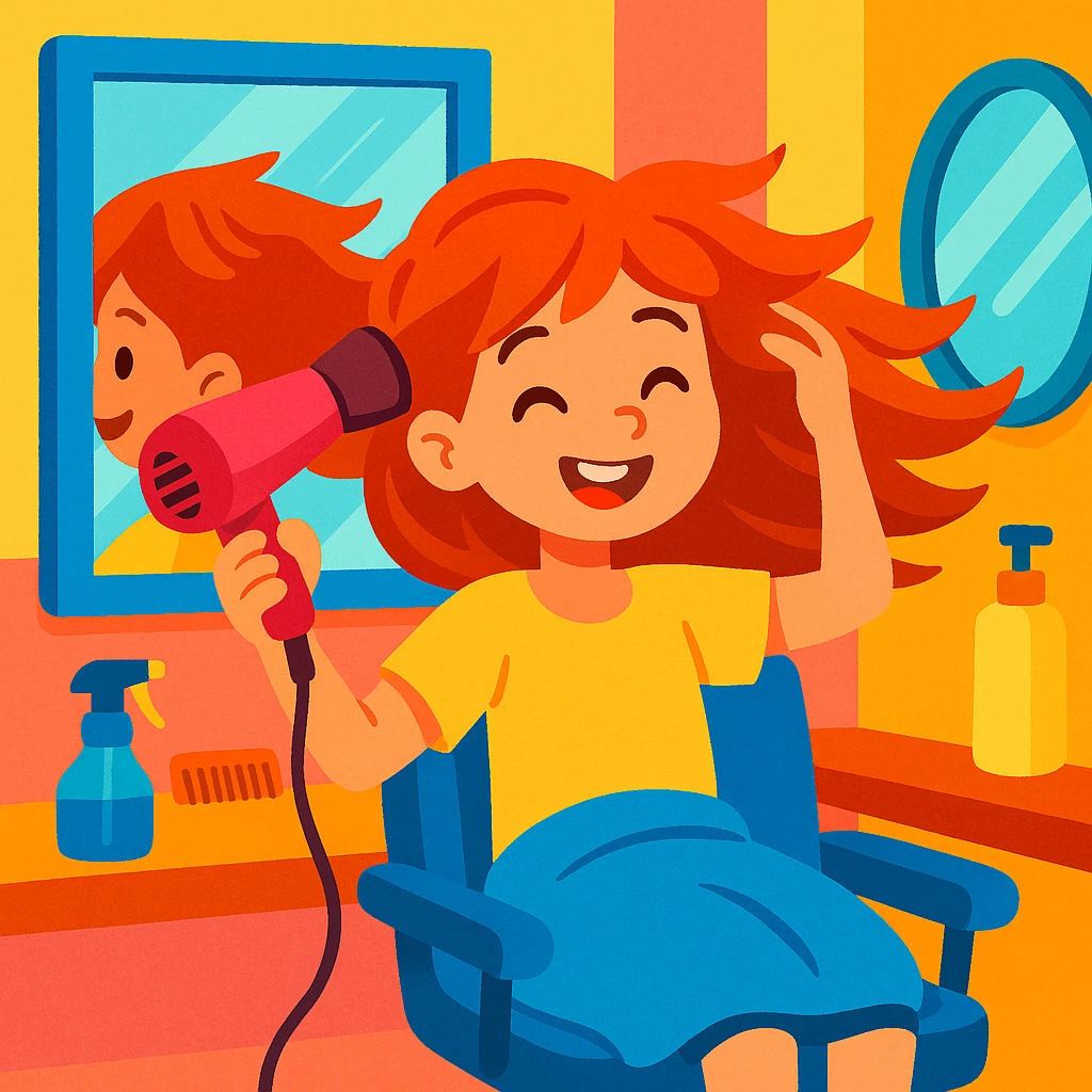 chica en la peluquería secándose el cabello con secador de pelo, espejos, estilo ilustración colorida, ambiente alegre emoji
