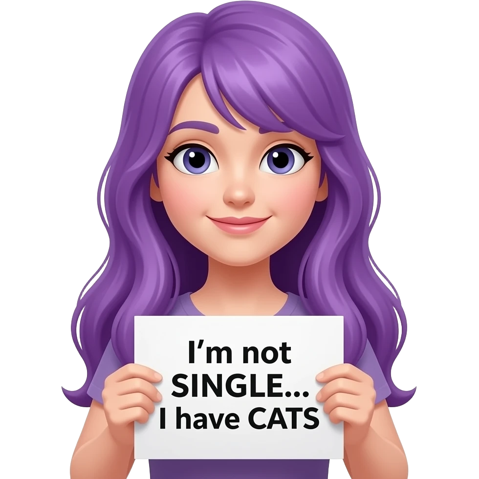 girl with long purple hair with a I'm not SINGLE... I have CATS sign emoji