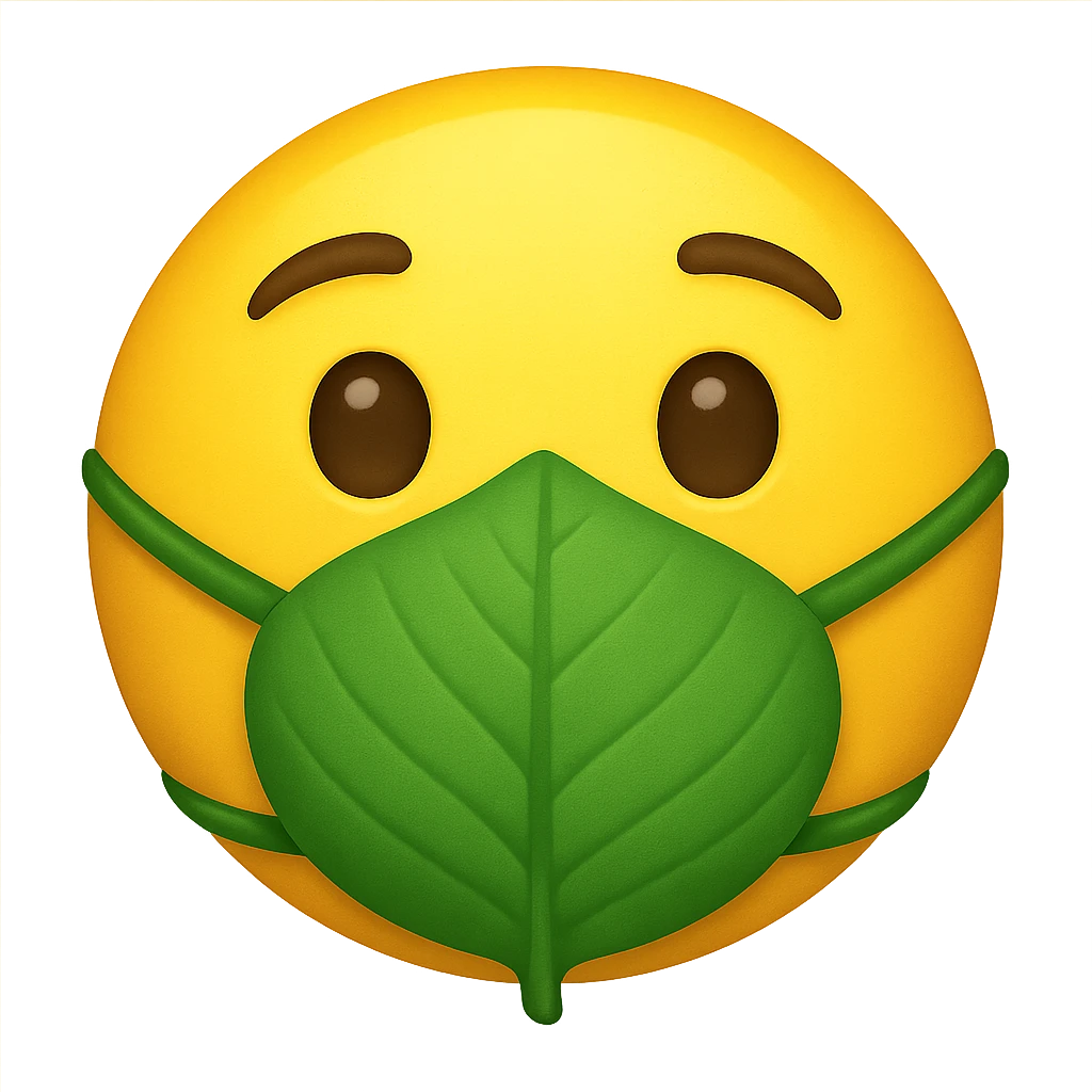 yellow face with green leaf mask, digital illustration, emoji style emoji