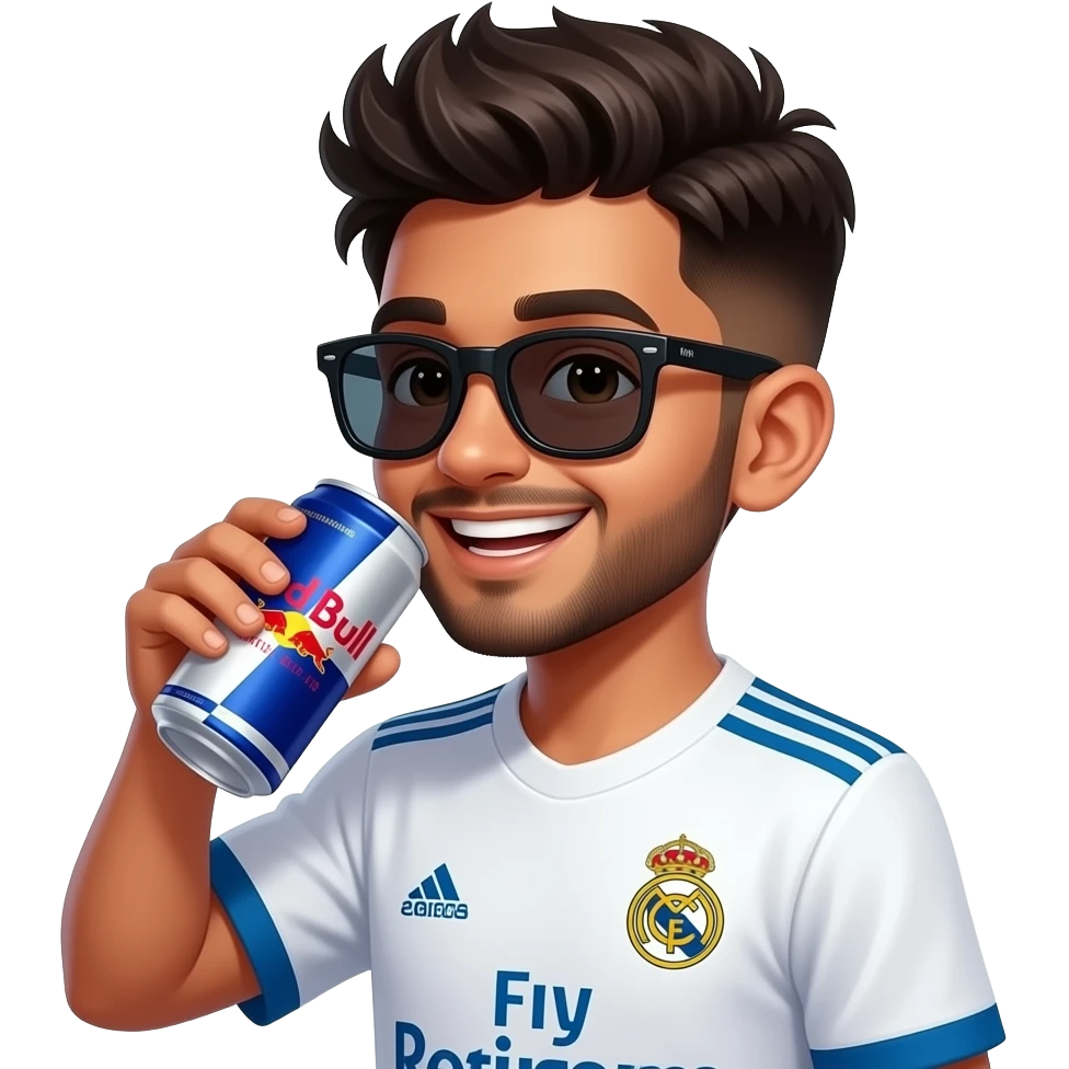 Indian boy giggling, young, late teens, with light trimmed beard, side fades with messy spikes hairstyle, drinking red watermelon Can Red Bull with big dark black wayfarers and Real Madrid 2015-16 away kit emoji
