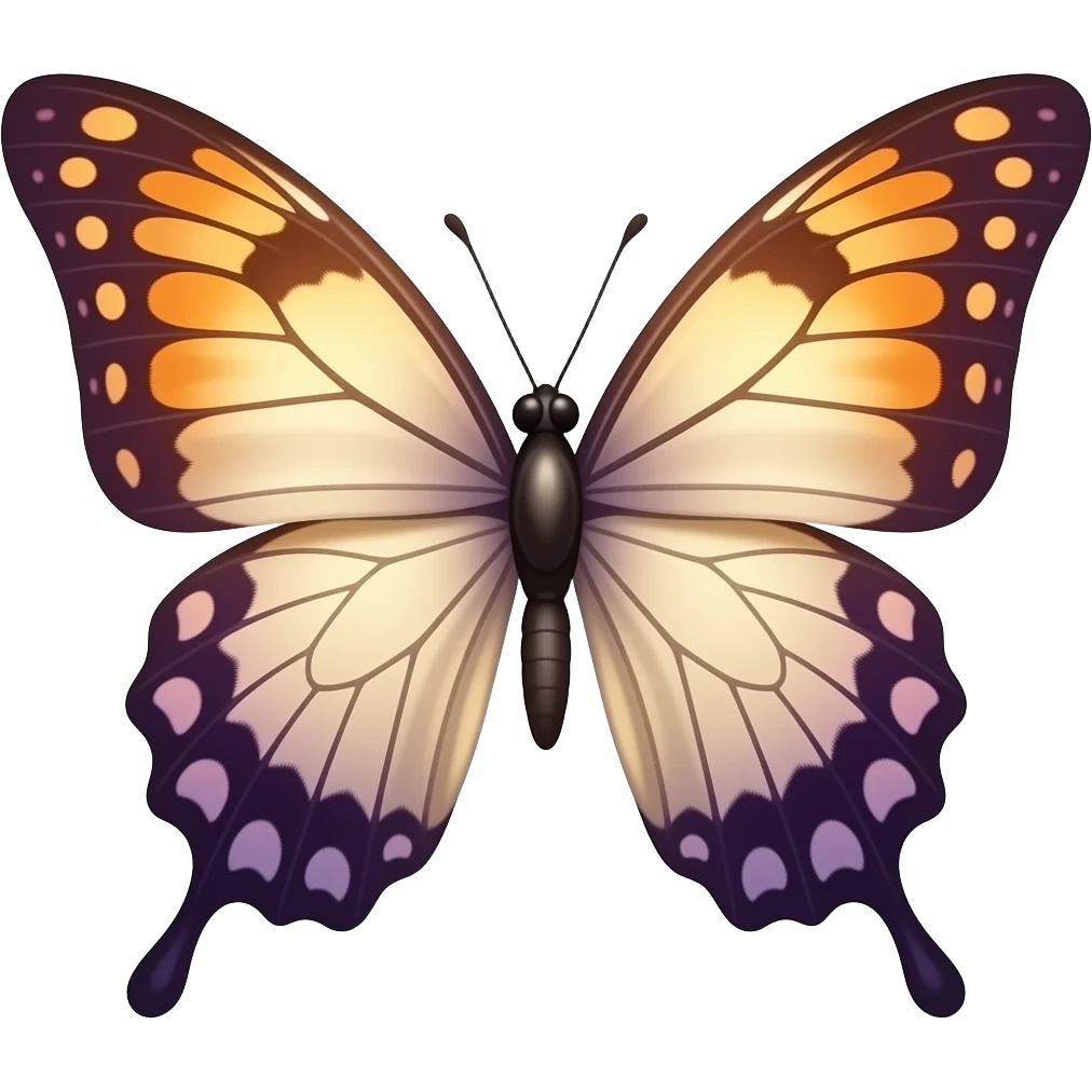 A graceful butterfly companion with luminous wings in warm amber, ivory, and deep violet, with elegant organic patterns and a soft magical glow, rendered in a sophisticated botanical fantasy style. emoji