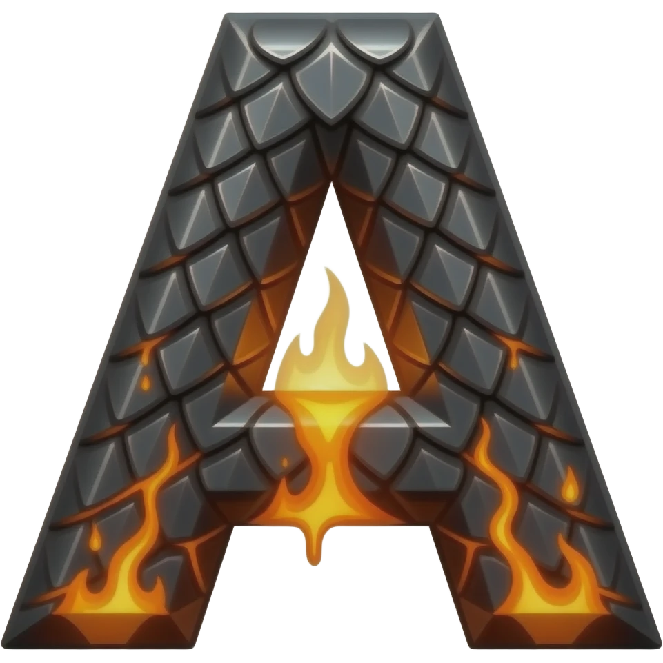A heavy obsidian letter 'A' with molten lava flowing through engraved draconic scales. Emitting orange embers and heat distortion. Dark fantasy aesthetic, metallic texture, dramatic shadows emoji