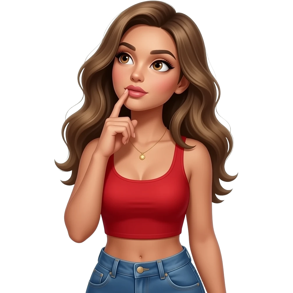 Fingers on lips and thinking looking up woman with tan glowy skin, hazel eyes almond with long lashes,, full lips, dark blonde flowing hair, delicate feminine sexy features, wearing a red crop top and blue low waist jeans, confident and femenine and glam makeup. Intense seductive look. REALISTIC emoji