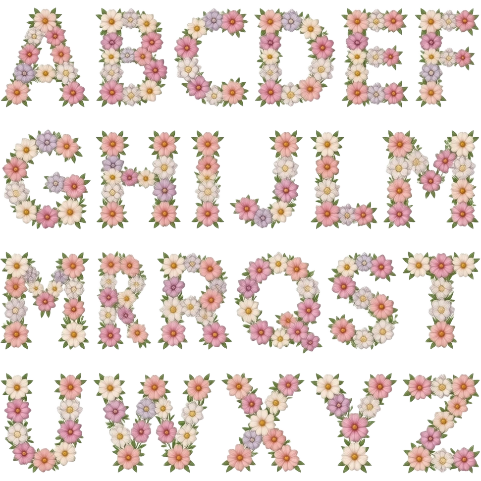 shiny floral all letters in alphabet A, B, C, D, E, F, G, H, I, J, K , L , M , N, O ,P ,Q ,R ,S,T, U, V, W, X, Y, Z emoji