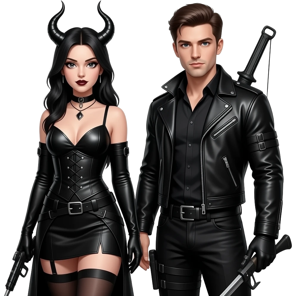 Gothic sexy dark female and male hunters with balck leather outfits emoji