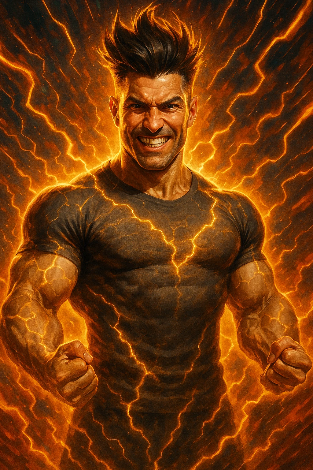 cinematic a man with a chiseled physique and wild, upward hair stands center stage, fists clenched and chest out. A radiant, electric aura envelops him, with energy lines and glowing effects highlighting his strength and masculinity. His face shows determination and pride, and the background features explosive, dynamic patterns. emoji